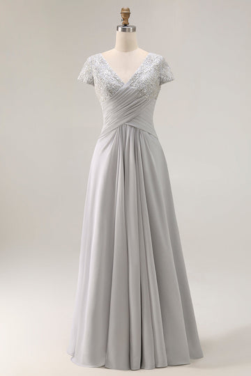 Silver En linje V-hals rynkad mor till bruden klänning